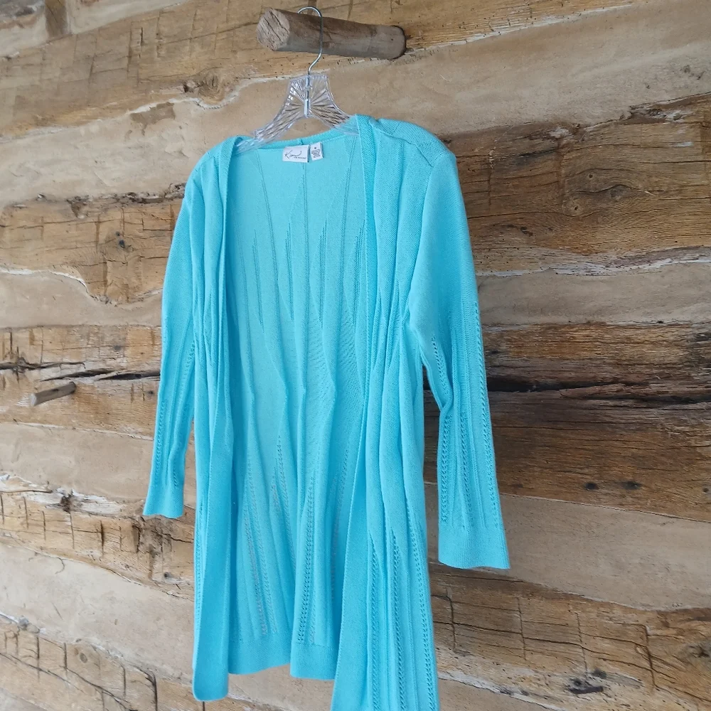 Kim Rogers Turquoise Open Front Pointelle Cardigan Medium - Picture 4 of 9